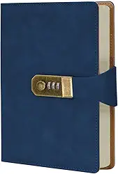 LUMAI Caderno Diário com Cadeado e Senha A5 288 Páginas Capa Couro Sintético Pautado Agenda Privado Feminino Masculino Anotações Escola Trabalho Viagem Segredo Pensamentos (Azul)