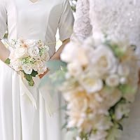 Vista 3 de Ansofi Ramos de flores artificiales para novia y dama de honor, ramo de lanzamiento para boda, ramo de novia en color beige y blanco, rosas