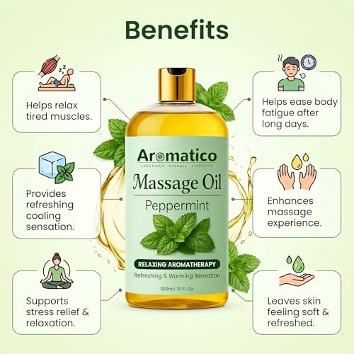 Image of AROMATICO Peppermint Massage Oil - Muscle Relaxing Oil with Cooling & Refreshing Feel, with Jojoba & Almond Oils - 300ml
