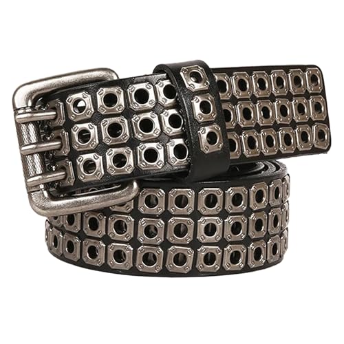 XINCXIN Belt,3 Row Studded Belts Extra Long Belt(105-150CM) Punk Rock Rivet Goth Hip Hop Men/Women Personalized Genuine Leather Belts, 3.8cm Wide (Color : Black, Size : 105cm/waist:34"~36")