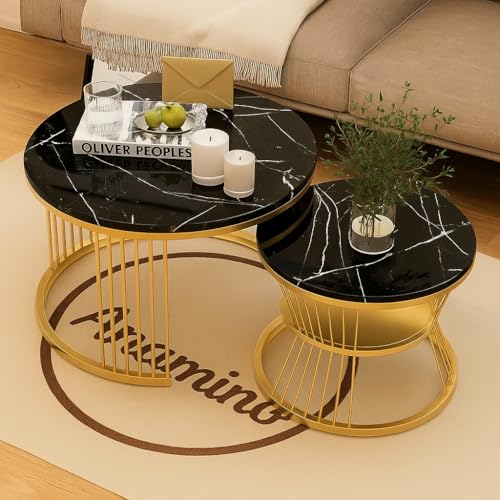 Image of Roldo Modern Nesting Coffee Table Set of 2 for Living Room, Round Coffee & Side Table with Metal Frame and Marble Finish MDF Top, Center Table for Sofa, Home Decor Office & Apartment (Gold Black)