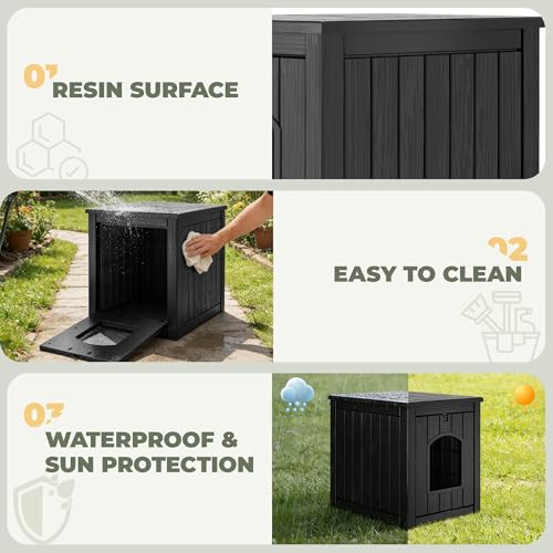 Image of Cat Litter Box Enclosure, Openable Front Door Outdoor Enclosed Cat Litter Box, Outdoor Cat House Weatherproof Raised Floor, Easy to Clean, Black