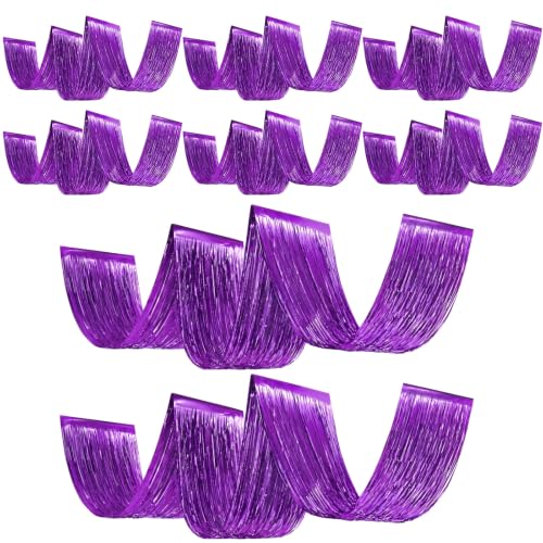Breling 8 Pcs Purple Ceiling Fringe Curtains, Metallic Foil Drapes, 15 ft