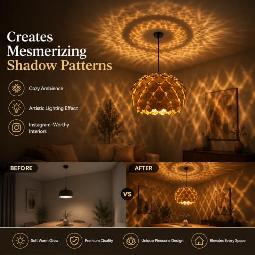 Image of MoonlitDreams Wooden Pendant Lamp for Ceiling | Handcrafted Hanging Chandelier Light | Rustic Wooden Ceiling Light for Living Room, Dining Area, Cafe & Home Decor