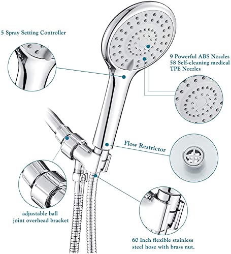 High Pressure Shower Head with Handheld, 5 Functions Shower Head Hand-held High Flow Handheld Shower Head with Hose, Bracket Rubber Washers - Thumbnail 3