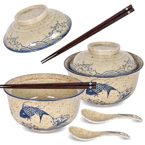 DEARBAG Juego de 2 Cuenco de Ramen, Tazones Ramen de Cerámica de 800 ml con Tapa Palillos y Cucharas, Ramens Bowl de Cerámica, para Udon, Soba, Fideos, Ensaladas y Sopas (A)