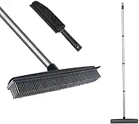 Vassoura de borracha com pele de rodo e cabo longo, conjunto de escova de ancinho de carpete e fiapos para animais de estimação, ferramenta de remoção de pelos de cães e gatos, escova de varrer para