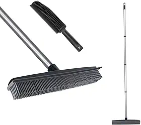 Vassoura de borracha com pele de rodo e cabo longo, conjunto de escova de ancinho de carpete e fiapos para animais de estimação, ferramenta de remoção de pelos de cães e gatos, escova de varrer para