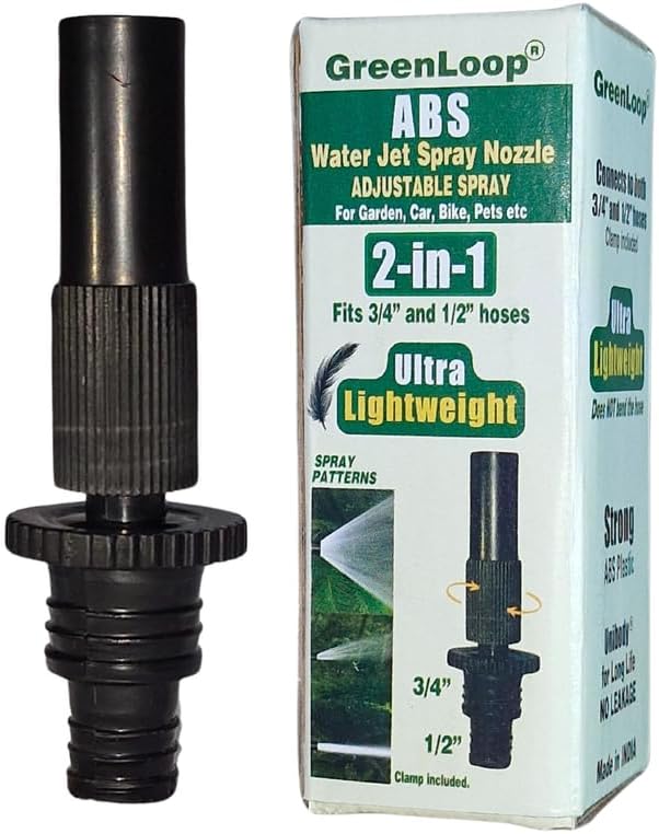 GreenLoop Water Spray Nozzle, 2-in-1 Fits all 3/4" and 1/2" hoses, Adjustable spray, ABS, Water Jet Spray Gun, for High Pressure wash, STRONG 2-in-1 Nozzle+Clamp, ONE nos