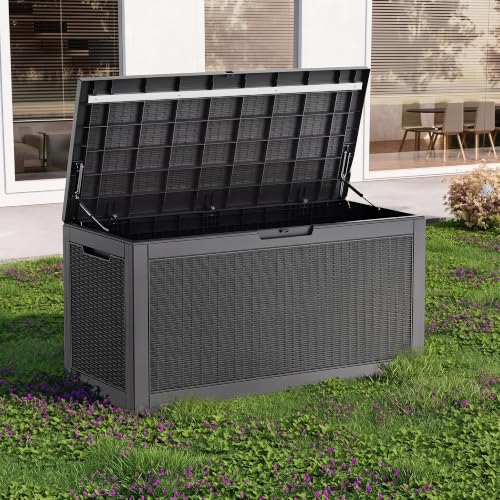 Image of 130 Gallon Outdoor Storage Box Waterproof, UV Resistant Resin Deck Box for Patio Furniture, Outside Storage Box for Garden Tools, Patio Cushions, Black