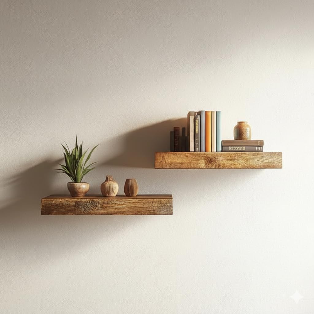 HIURYD Solid Wood Floating Wall Shelves Set of | Rustic Wooden Display Shelves for Living Room, Bedroom, Kitchen & Bathroom | Heavy Duty Wall Mounted Shelves (9 Inches, 2 Shelves)