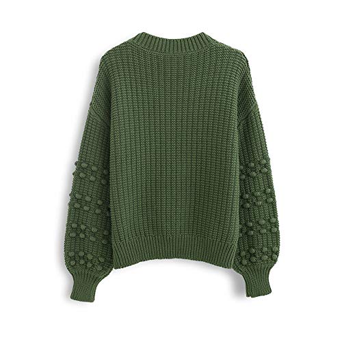 Chicwish Women's Comfy Casual Green Pom-Pom Knit Sweater Pullover With Bubble Sleeves #TOP4
