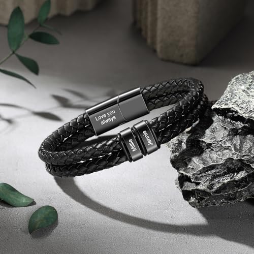 Personalized Custom Name Bracelets for Men - Mens Leather Bracelet with 2-6 Family Names,Customized Bracelet Father's Day Dad Gifts for Husband Son3