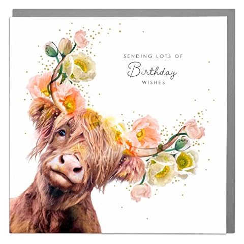 Lola Design - Birthday Cards for Women - Blank Card and Envelope - Birthday Wishes Highland Cow - Happy Birthday Card Cover
