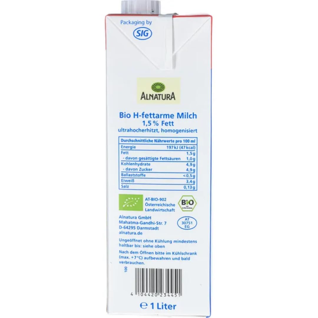 Milch Alnatura fettarme H-Milch 1,5% Fett Haltbare Milch Alpenmilch Milch, je 1 Liter, 24 Stück