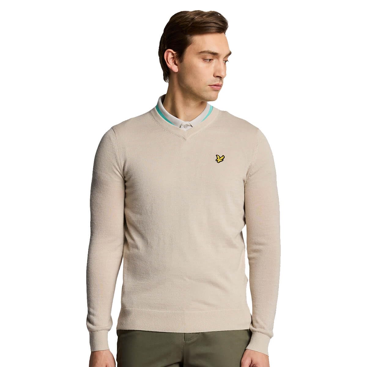 Lyle & Scott Mens Golf V Neck Wool Blend Sweater - Sesame - M