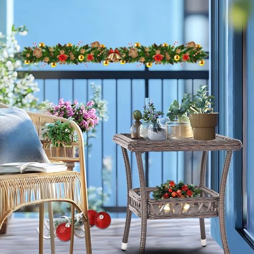 Outdoor Side Table Patio Wicker Coffee Table Outdoor End Table Rattan Bistro Table with Storage & Black Glass Table Top Square for Outside Balcony Porch Backyard Deck Brown