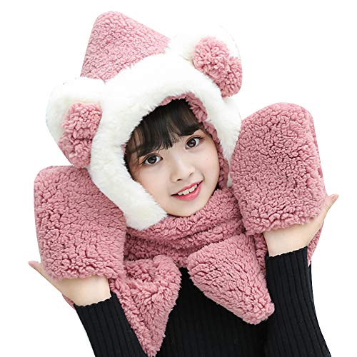 Sun Kea Girls Cute Bowknot Hooded Scarf Versatile 3-in-1 Winter Warm Hat with Scarf Pocket Gloves