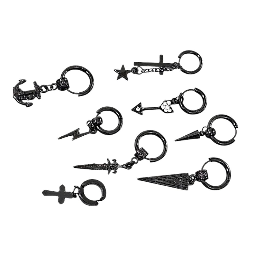 8 Pcs Black Earrings Set for Men | Stylish Stainless Steel Studs, Hoops & Magnetic Earrings Combo | Trendy Punk & Casual Jewelry Set for Boys & Men-image-16