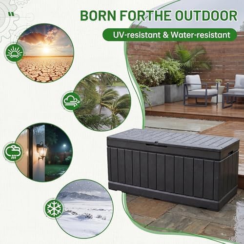 GUNJI 80 Gallon Resin Deck Box - Ideal Indoor & Outdoor Storage Solution, Water-Repellent & UV-Protected for Gardening Tools, Pool Accessories, & Cushions, Featuring Lockable Design(Deep Black) - 4