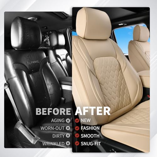 Image of Huidasource Tacoma Front Leather Seat Covers, Car Seat Cushion Cover Fit for 3rd Gen Toyota Tacoma 2016-2023 SR SR5 Limited TRD Sport /Pro /Off Road All Cab Front Row (Front Pair /Beige)