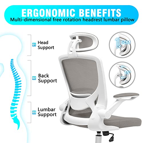 Kerdom Ergonomic Office Chair, Breathable Mesh Desk Chair, Lumbar Support Computer Chair With Headrest And Flip-Up Arms, Swivel Task Chair, Adjustable Height Gaming Chair, Lightgray #TOP3