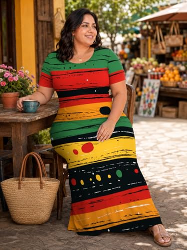 Image of SUZONANA Plus Size Maxi Dress for Curvy Women Summer Casual Sundress Short Sleeve Loose Vacation Dress