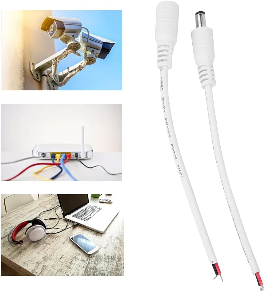 Yctze 5 Pair White 5.5x2.1mm DC Power Plug Jack Connector Cables | Female Power Connectors | Portable Pigtail Wire Leads (White)