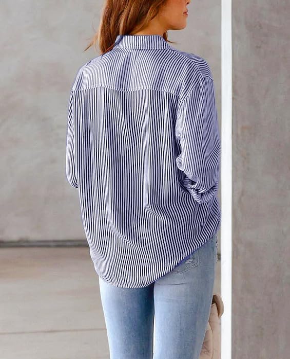 IBAOTORONI Women's Striped Button Down Shirts: Long Sleeve Office Casual Business Blouses with Pocket - Image 2