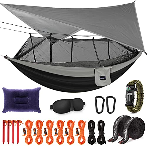 Camping Hammock with Mosquito Net and Rain Fly - Portable Double Hammock with Bug Net and Tent Tarp Heavy Duty Tree Strap, Hammock Tent for Travel Camping Backpacking Hiking Outdoor Activities Black
