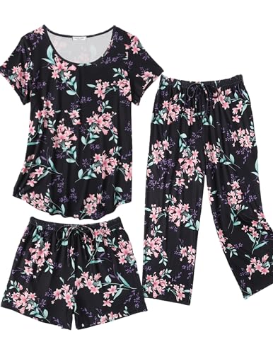Image of Ekouaer 3 PCS Capri Pajamas for Women Set Short Sleeve Pajama Lounge Sets | Floral Pj Sets Top and Capri Pants Soft Comfy Sleepwear with Pockets for Home, Daily Wear for Mom, Wife, Grandmother