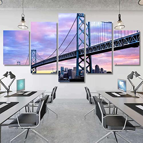 Modern Large Canvas Wall Art 5 Piece Canvas Art Wall Decor Poster 5 Pieces San Francisco Oakland Bay Bridge Skyline Canvas Wall Art For Living Room Bedroom Canvas Prints Artwork Framed Ready To Hang #TOP1