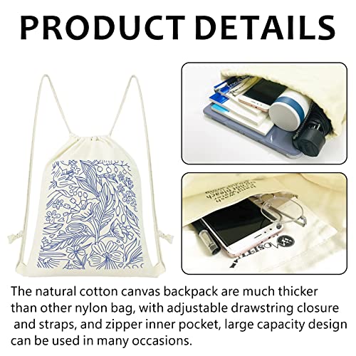 Mositu Floral Leaf Drawstring Backpack Aesthetic Drawstring Bag For Women Blue Flower Cotton Canvas Backpack Sport Gym Draw String Bag Beach Sack Bag Travel Sackpack Bag #TOP4