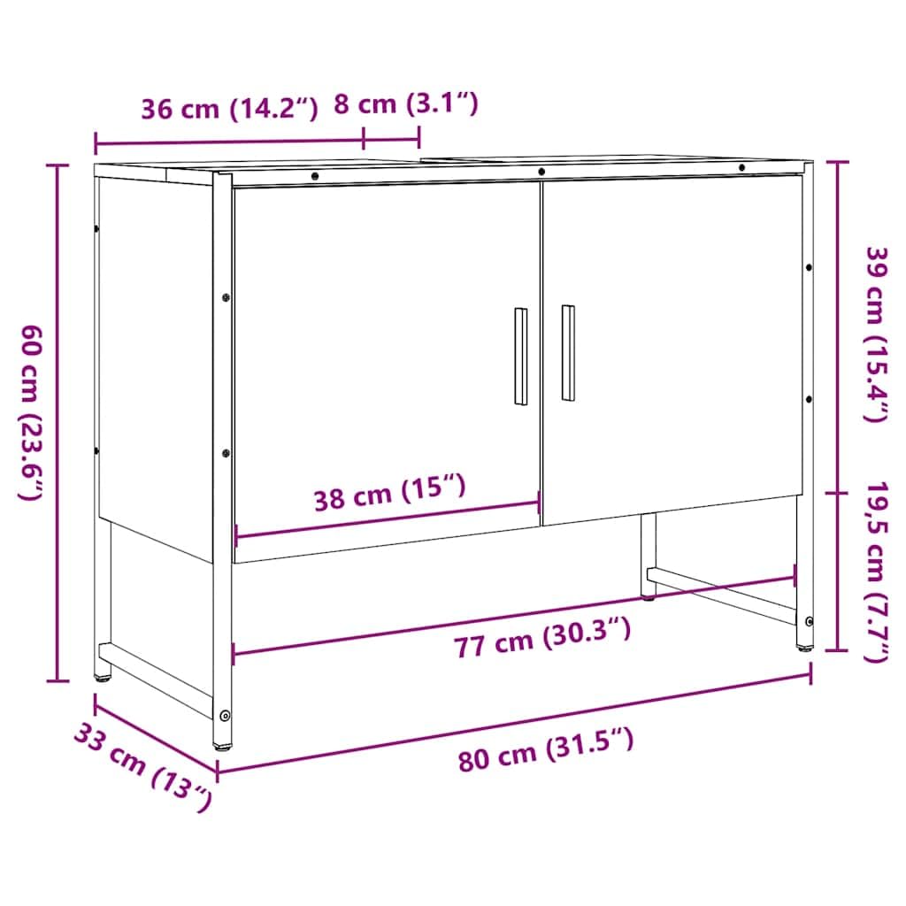 Szafka pod umywalkę, wygląd starego drewna, 80 x 33 x 60 cm, materiał drewnopochodny z otworem na syfon, stal malowana proszkowo, miejsce do przechowywania szafki na umywalkę w łazience