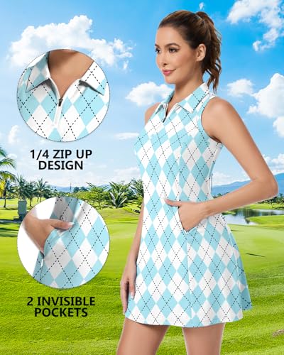 WOWENY Tennis Dress for Women Zip Up Golf Dresses with Built in Shorts and Pockets Sleeveless Athletic Workout Dress4
