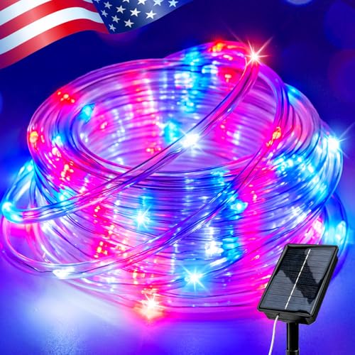 Kelumi Red White and Blue Solar Rope Lights Waterproof Solar String Lights for 4th of July Decorations 33ft 100LED Patriotic Lights Outdoor Indoor for Independence Day Memorial Day
