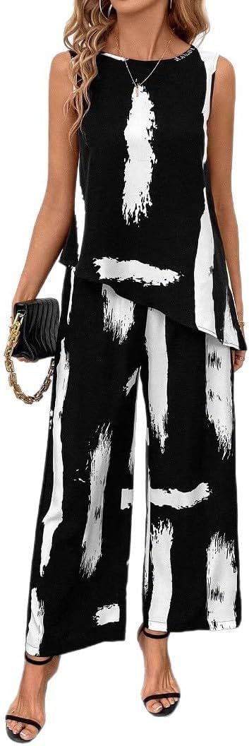 Boho Brushstroke Print Sleeveless Set - Asymmetric Top & Wide Leg Pants, Casual Loose Fit Outfit for Women