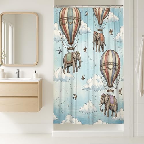 Elefanten-Duschvorhang, Fantasievoller Vintage-Stil, Heißluft-Luftschwamm, Bälle, Wolke, keine blau, waschbar, mit Haken, Designdruck, Badvorhänge für Badezimmer, Toilette, Gästezimmer, Dekoration