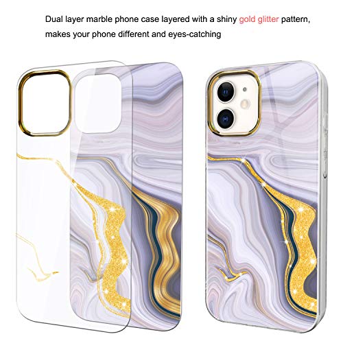 Coque iPhone 12 antichoc marbre pailleté or et gris avec dos rigide