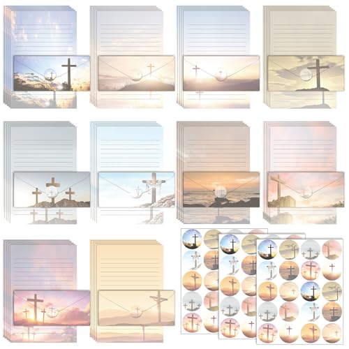 Image of TaoBary 160 Pcs Stationery Paper Set 50 Double Sided Stationery Papers with 50 Matching Envelopes and 60 Round Dot Sticker, 10 Design(Religious Letter with Cross,8.5 x 11 Inch)