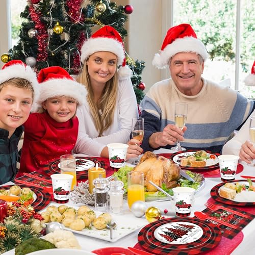 Christmas Plates Set Christmas Dinner Tableware Set Disposable 168Pcs Christmas Party Supplies for 24 Guests Buffalo Plaid Christmas Paper Plates Napkins Cups Plastic Forks Knives Spoons – Image 7