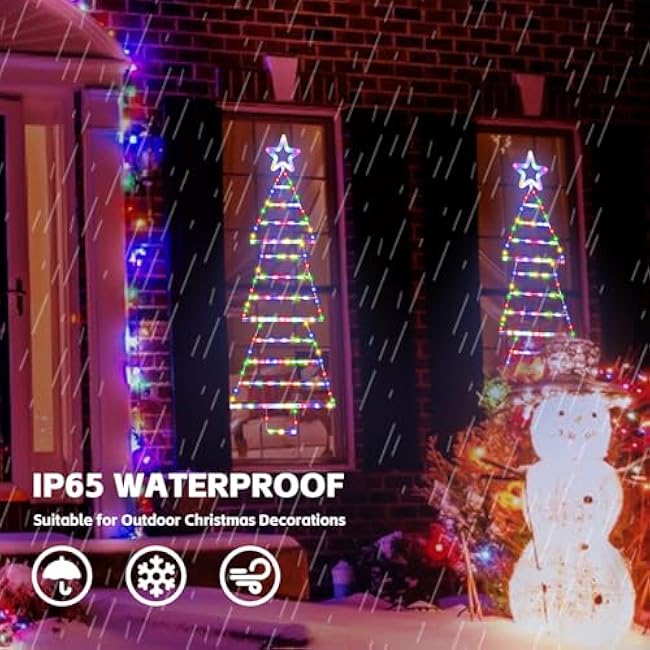 4.4 FT LED Christmas Tree Shaped Ladder Lights with Star, Plug-in Waterproof 8 Modes Christmas Window Hanging Lights for Indoor Outdoor Wall Door Xmas Decor