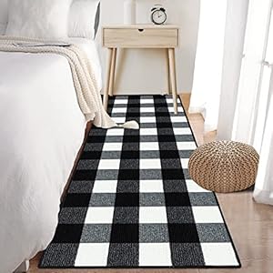 FONEYI Buffalo Plaid Rug 20 x 59 Inches Non Slip Black and White Check Rugs Indoor or Outdoor Rugs for Layered Door Mats Washable Fall Front Door Mat for Front Porch Kitchen Farmhouse Entryway