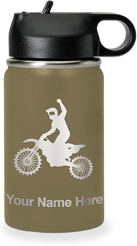 Vista 253 de LaserGram Botella de agua personalizada, motocross, acero inoxidable de doble pared aislada al vacío con popote superior, regalo grabado Verde