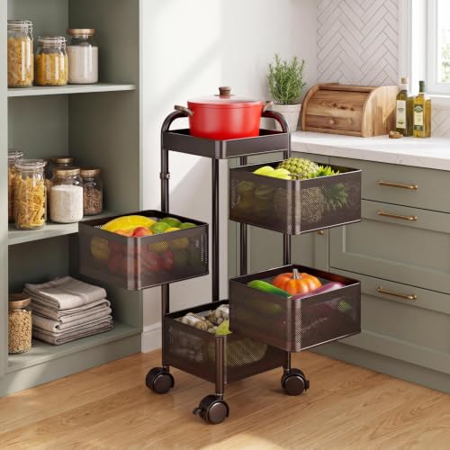 4-Tier Thickened Carbon Steel Rotating Kitchen Storage Cart with Wheels, Mobile Utility Rack with Top Lid, Fruit Vegetable Basket, Rotating Produce Organizer for Bathroom Living Room, No Assembly by Garvee - Used condition - Image 4