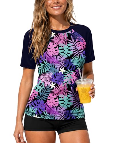 Image of AOBUTE Women Short Sleeve Rash Guard UPF 50+ Tropical Sun Protection Floral Swim Shirts