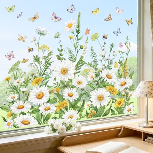 wondever Fenstersticker Frühling Gänseblümchen Fenster Aufkleber Blumen Weiße Schmetterlinge Sommer Fensterbilder Blumenwiese Fensteraufkleber Anti-Kollision Doppelseitig Glasaufkleber Glas Deko