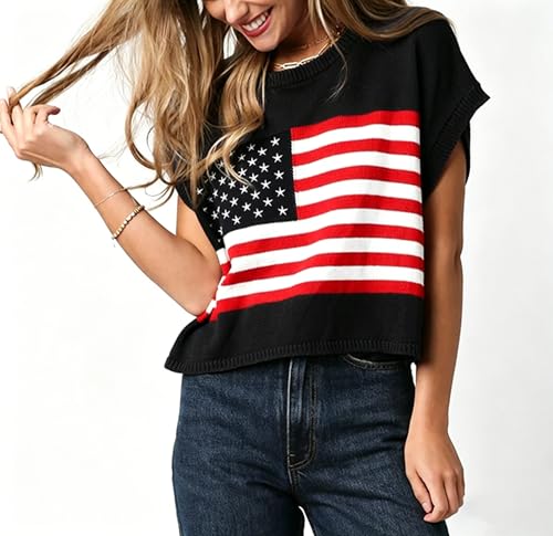 Image of Womens American Flag Sweater Cap Sleeve Summer Crop Tops Crew Neck Loose Fit Knit Sweater Pullover Top