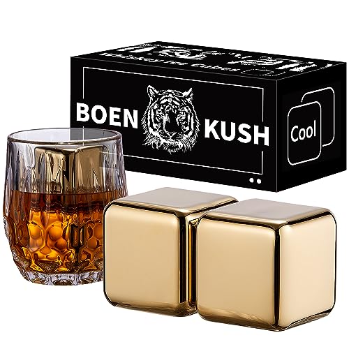 Whisky Steine – 2 große 64 cm³ wiederverwendbare Edelstahl Metall Eiswürfel Getränke kühl Whisky steine für Rotwein, Bier, Scotch, Wodka-Getränke – Golden