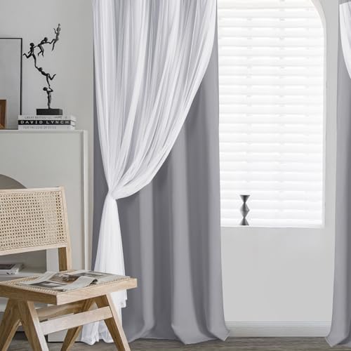 Image of DWCN Grey Blackout Curtains with Sheer Overlay with Tiebacks 96 Inch Long | Floor to Ceiling Mix & Match Double Layer Window Panels for Bedroom Living Room Drape, Grommet Top, 52 inch Wx96 inch L, Set of 2